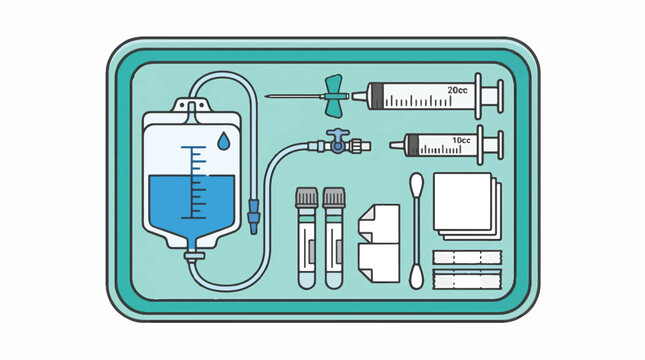 A blue and green flat illustration of medical equipment including an IV bag, syringes, needles, blood tubes, cotton swabs, and bandages neatly arranged on a tray.