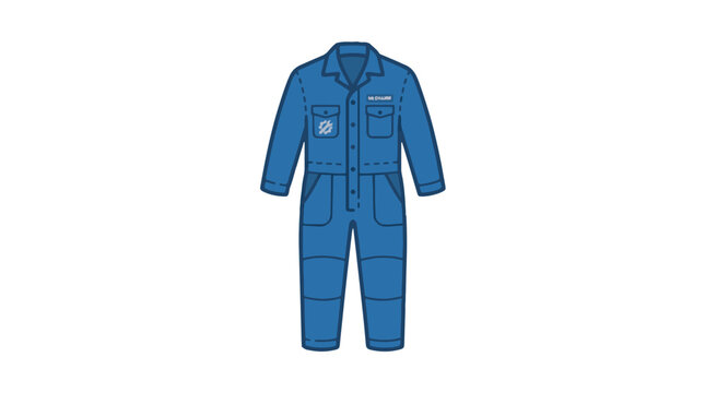 A flat illustration of a blue worker's jumpsuit or coverall with long sleeves, a collar, multiple pockets, and distinct logos on the arm and chest.