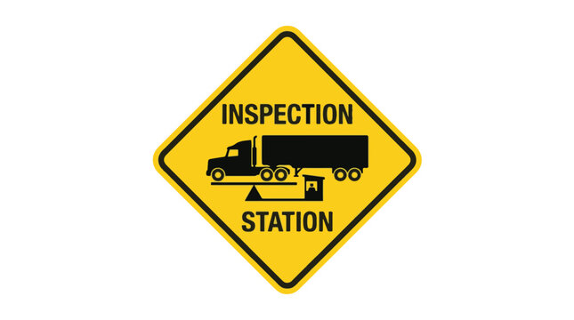 Yellow diamond warning sign for an Inspection Station. Features a black semi-truck over a weigh scale with 'INSPECTION STATION' text, indicating a commercial vehicle checkpoint.