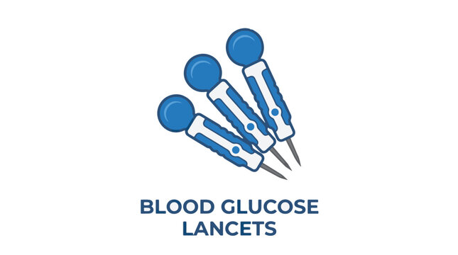Three blue and white blood glucose lancets with exposed needles, illustrating tools for diabetes testing and health monitoring.