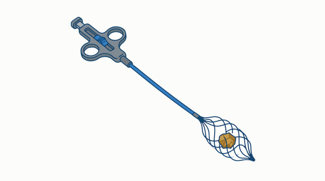 An illustration of a medical stone retrieval basket with a long blue shaft and handle, holding a brownish, irregular stone. Used in endoscopic procedures.