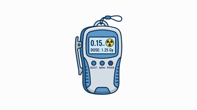 A digital personal radiation dosimeter in blue and white, displaying radiation levels (0.15 mSv) and accumulated dose (1.25 Gy) with a visible radiation symbol.