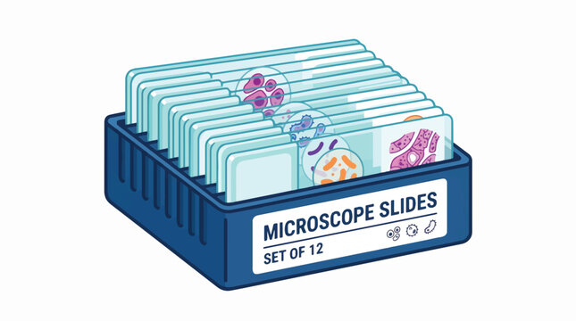 Illustration of a blue storage box holding a set of 12 microscope slides, some displaying colorful cells and microorganisms, on a white background.