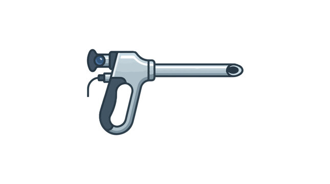 Cartoon illustration of a gray and black laparoscopic surgical instrument, featuring a pistol-grip handle, a long shaft, and a camera port, set against a white background.