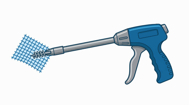 A blue and grey power tool, resembling a lath stapler or mesh gun, with a spiral tip engaging a blue mesh material, likely for attachment in construction.