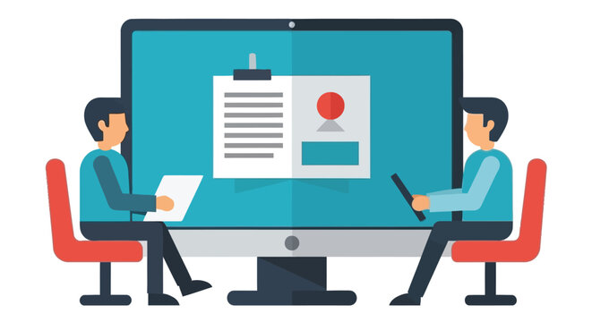 Virtual interview setup with two people facing a computer screen