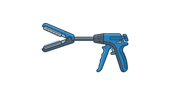 A blue medical surgical stapler, likely for laparoscopic use, is depicted with its jaws open, revealing staples and an anvil.