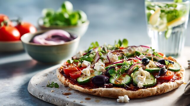 A healthy pizza with fresh vegetable toppings as the main subject positioned on a smooth stone surface beside a glass of infused water and bowls of colorful produce suggesting a balanced lifestyle mea