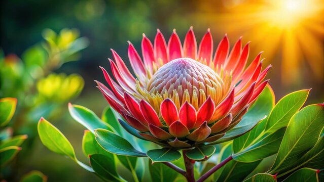The majestic Madiba Protea flower blooms vibrantly against a lush green backdrop
