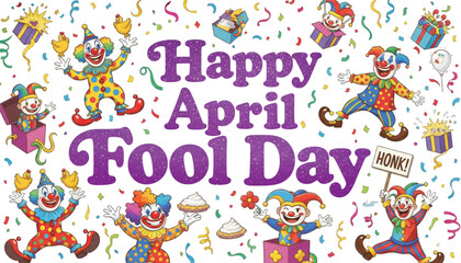 Fototapeta premium Celebrating April Fool's Day with Joyful Clowns, Confetti, and Gifts for Festive Holiday Marketing.