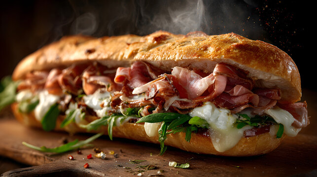 Argentine bondiola sandwich with tender, slow-cooked pork, melted cheese, fresh arugula, and sliced tomatoes, served on a crusty roll with steam rising, showcasing its rich, savory layers