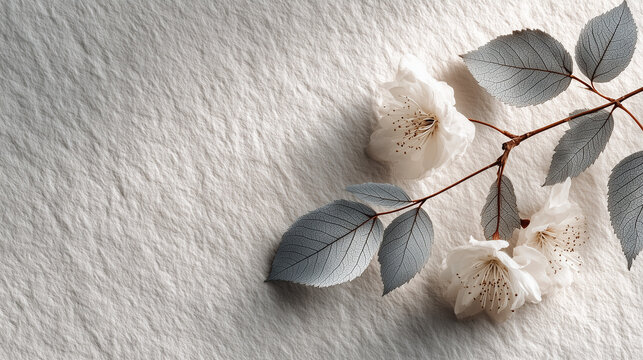 Elegant White Flowers and Skeleton Leaves, Textured Background