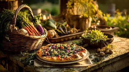 Fototapeta premium A vibrant pizza topped with vegetables and herbs as the main subject placed on a rustic countryside dining table surrounded by baskets of fresh produce and herbs from the garden, warm golden sunlight 