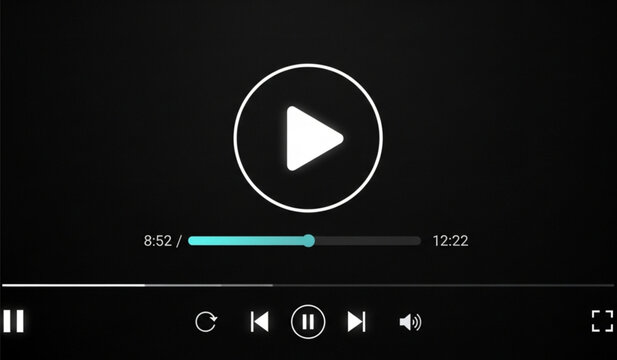 Video player interface overlay on dark background with play button and progress bar for web and mobile applications