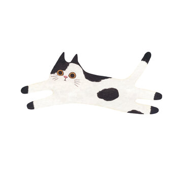 Cute Hand-painted Gouache Illustration of a Flying Black and White Cat, Funny Jumping Tuxedo Cat Silhouette