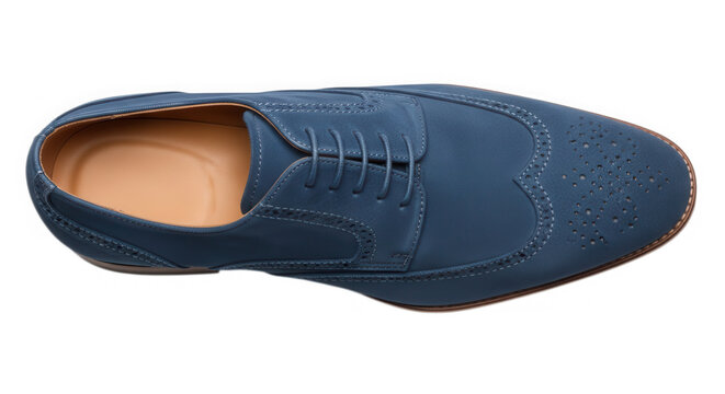 A blue loafer shoe with perforated details isolated on transparent background