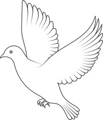 Fototapeta premium Modern, high-quality peace dove stroke outline vector. White dove transparent PNG. Line drawing of a peace bird in a flying pose. Minimalist dove icon line art.