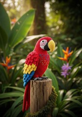 Fototapeta premium Vibrant Lego parrot perched on tree stump in lush tropical jungle environment with flowers