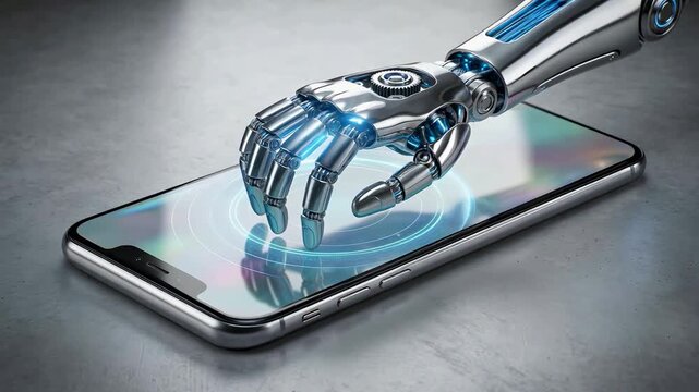 Robotic hand interacting with smartphone screen on gray background  