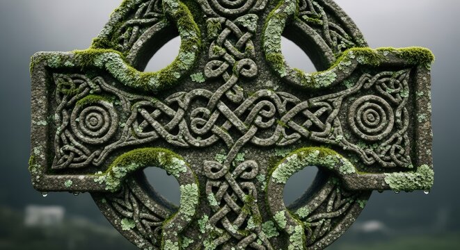 Ancient Celtic Cross Stone Monument Closeup.