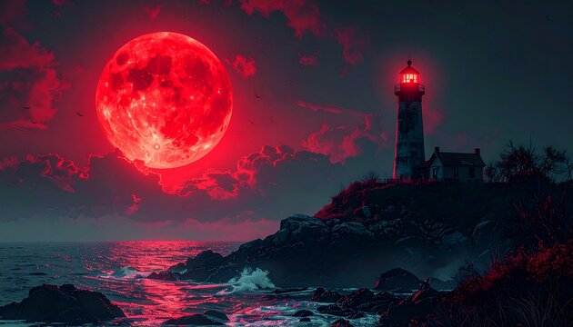 Eerie coastal landscape with a blood moon and lighthouse.