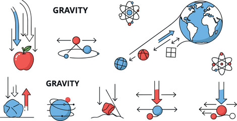 Gravity and physics concept vector illustration featuring falling objects planetary motion forces attraction and scientific diagrams in educational flat icon set © AdhinChandra