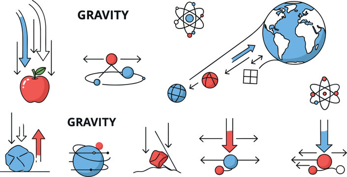 Gravity and physics concept vector illustration featuring falling objects planetary motion forces attraction and scientific diagrams in educational flat icon set