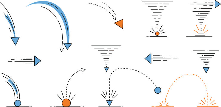 Gravity motion and projectile trajectory diagram set with arrows, falling objects, curved paths and physics motion concepts for educational illustration