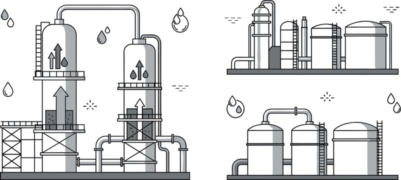 Industrial refinery plant vector illustration featuring chemical processing towers pipelines storage tanks and factory infrastructure in detailed line art design