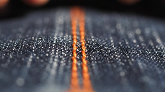 Close-up of indigo denim fabric with orange thread detail, texture, and bokeh effect