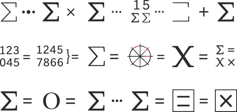 Mathematical summation sigma symbols and equation icons set with algebra notation calculation formula math education vector illustration