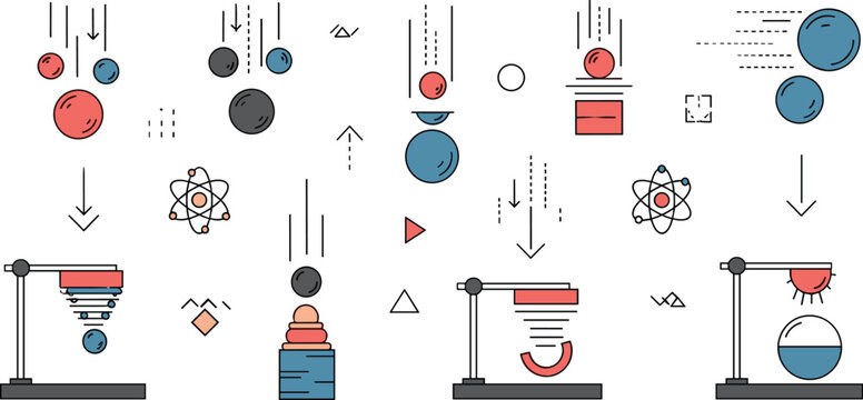 Physics experiment and motion vector illustration featuring forces gravity magnetism and particle movement in educational science diagram icon set