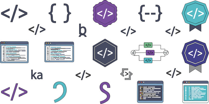 Programming and coding icons set featuring HTML tags brackets scripts code editors and developer symbols in modern flat vector illustration collection