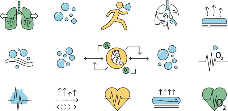 Respiratory system and oxygen exchange vector icons featuring lungs breathing airflow circulation and health monitoring in modern medical illustration set