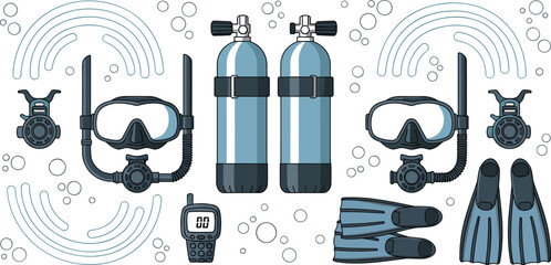 Scuba diving equipment icon set with oxygen tanks diving mask snorkel fins gloves wrist dive computer underwater gear vector illustration © AdhinChandra