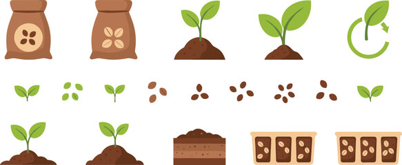 Naklejka premium Seed germination and plant growth stages vector illustration featuring soil planting seedlings sprouting process and organic agriculture lifecycle icons set