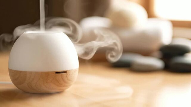 Aromatherapy essential oil diffuser emitting fragrant steam for relaxation and wellness in a serene spa or home setting with natural light