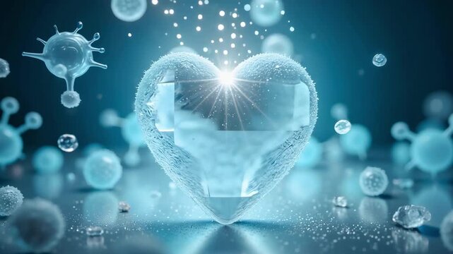 Ice heart surrounded by bubbles and microorganisms in blue light  