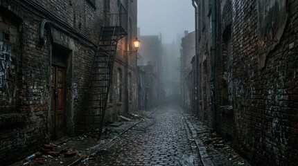 Fototapeta premium Foggy urban alleyway with brick buildings and cobblestone road