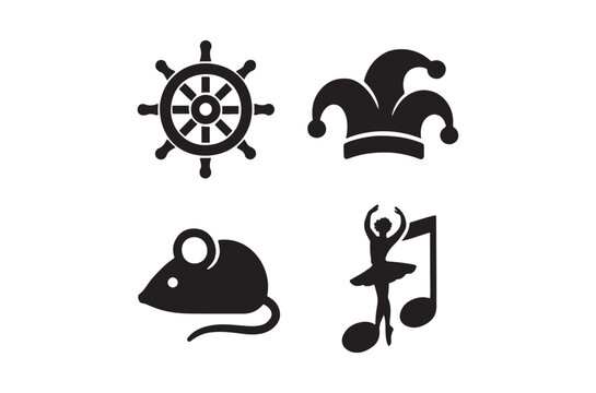 A collection of black silhouette icons ship wheel jester mouse and ballerina
