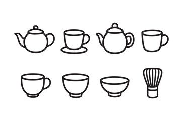 Obraz premium Line drawing of teapots cups bowls and a tea whisk