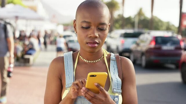 Phone, thinking and woman in city on vacation for location search, travel information or scroll. Mobile, outdoor and person on holiday with reflection for map, destination update or decision with app
