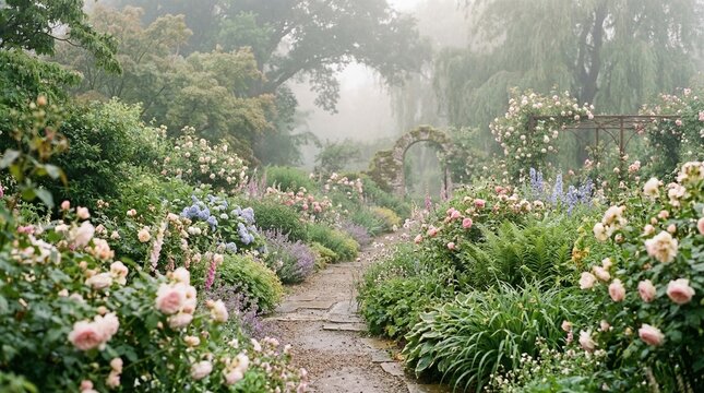 beautiful garden with flowers and trees on a foggy day