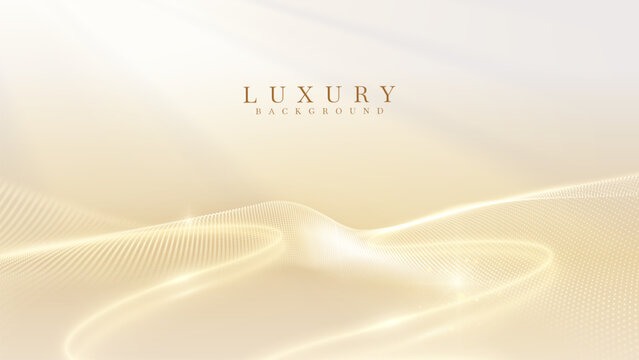 Abstract luxury cream background showing glowing particle wave. Elegant golden light line flow space for premium beauty presentation banner. Vector illustration.