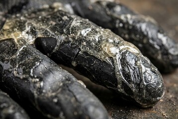 Fototapeta premium Macro close-up of a degraded rubber industrial glove coated in hardened chemical epoxy