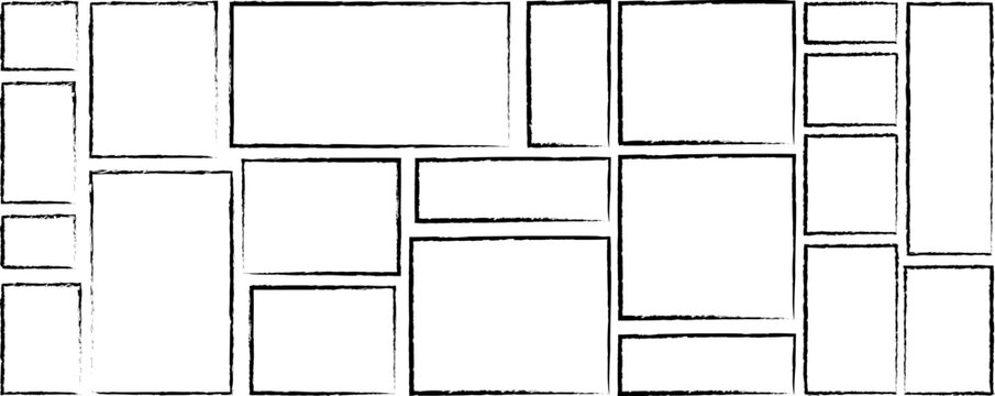 White rectangular frames with rough black borders, blank comic book panels and storyboard layout