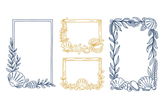 Nautical frames and borders set with seashells, coastal foliage, marine elements, and elegant ocean-inspired decorative ornaments, vector illustration for seaside and maritime design projects