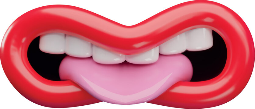 3D, slightly open, curved red mouth with white teeth and a protruding tongue.