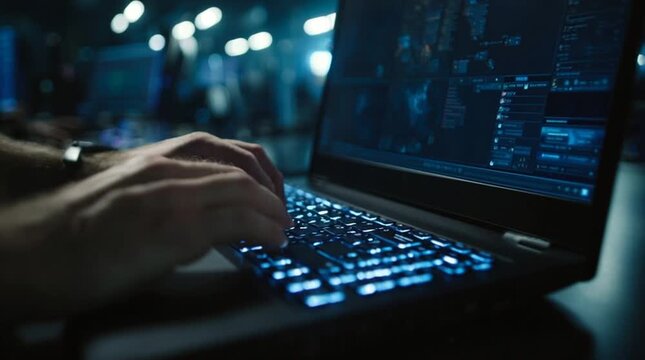 Hands typing on a laptop in a dark setting.