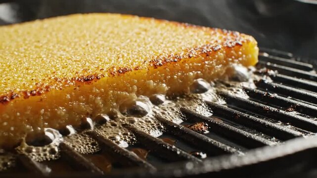Close-up of golden polenta slice grilling in a cast iron pan with sizzling butter and steam
